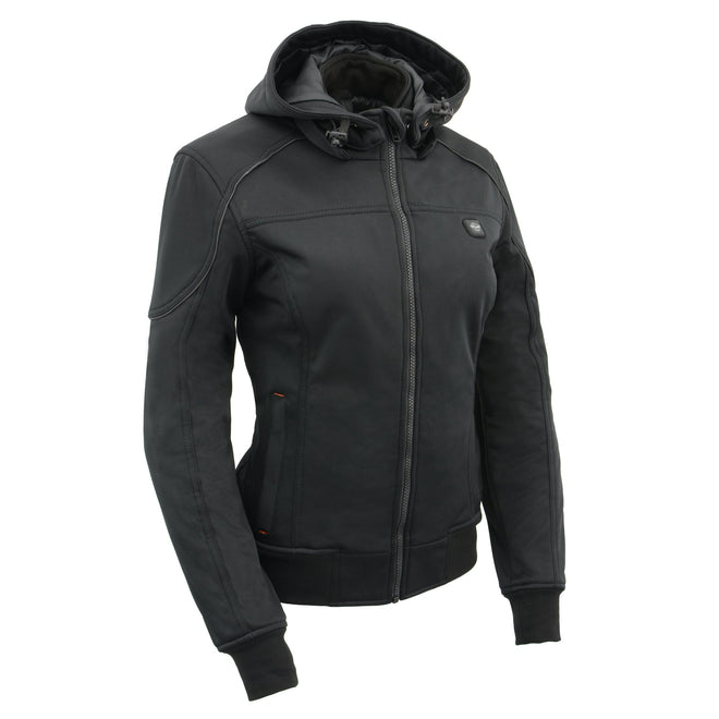 Women's HighwayLeather heated soft shell racing style jacket with detachable hood, shown with front view and zip details.