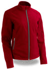 Women’s waterproof lightweight soft shell jacket with zipper front by HighwayLeather, shown in red.