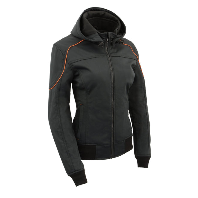 Women’s soft shell armored racing style jacket with detachable hood by HighwayLeather, featuring a sleek design and protective padding.