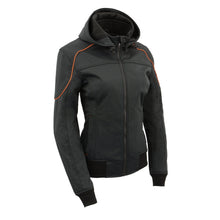 Women Soft Shell Armored Racing Style Jacket with Detachable Hood - HighwayLeather