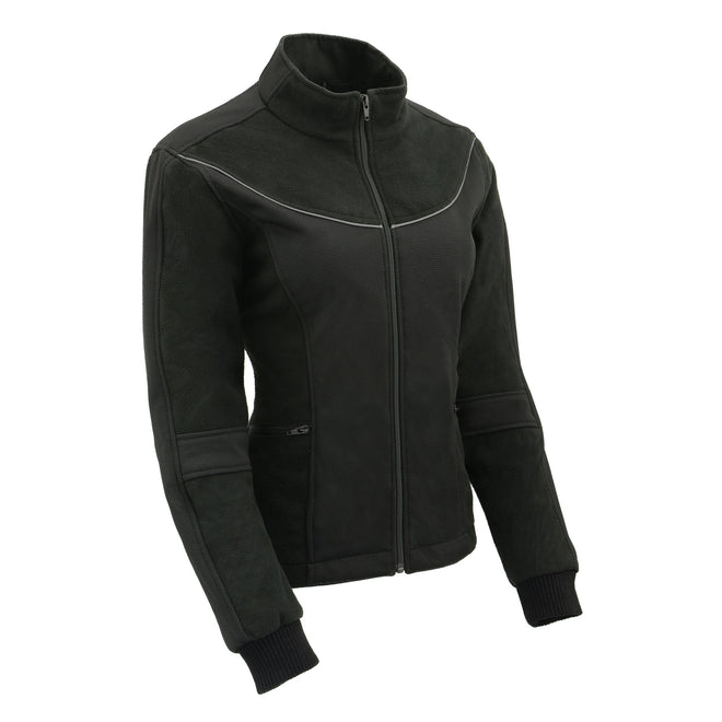 Women’s textile and fleece combo jacket by HighwayLeather with reflective detailing, showcasing a stylish and functional outerwear piece.