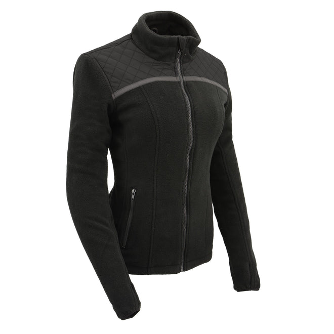 Women’s micro fleece zipper front jacket with reflective stripes by HighwayLeather, featuring a cozy fleece material and stylish design.