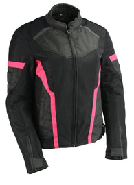 Women Black & Fuchsia Mesh Racer Jacket w/ Reflective Piping - HighwayLeather