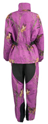 Ladies purple Mossy Oak® camo rain suit by HighwayLeather with waterproof fabric and reflective piping for outdoor protection.
