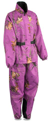 Ladies purple Mossy Oak® camo rain suit by HighwayLeather with waterproof fabric and reflective piping for visibility.