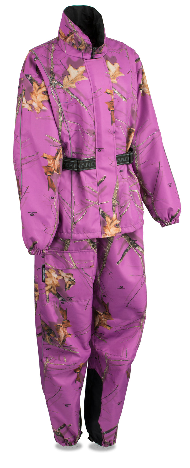 Ladies purple Mossy Oak® camo rain suit by HighwayLeather with waterproof fabric and reflective piping for visibility.