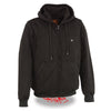Men's black heated hoodie by Dynamicleather with zipper front and visible front and back heating elements, designed for warmth and comfort.