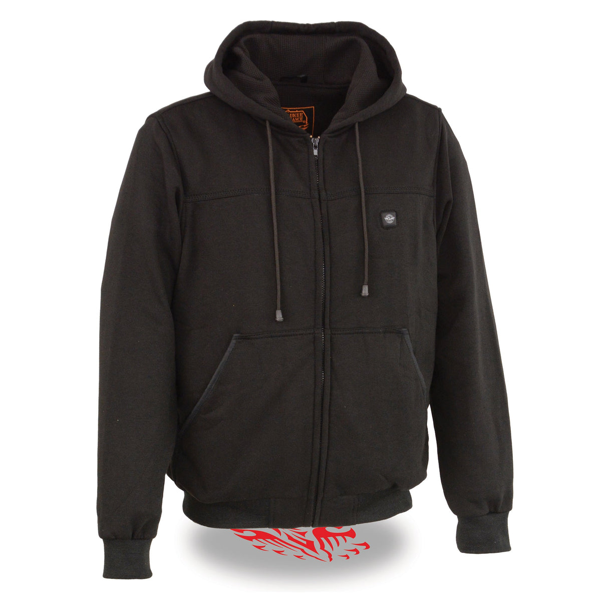 Men's black heated hoodie by Dynamicleather with zipper front and visible front and back heating elements, designed for warmth and comfort.