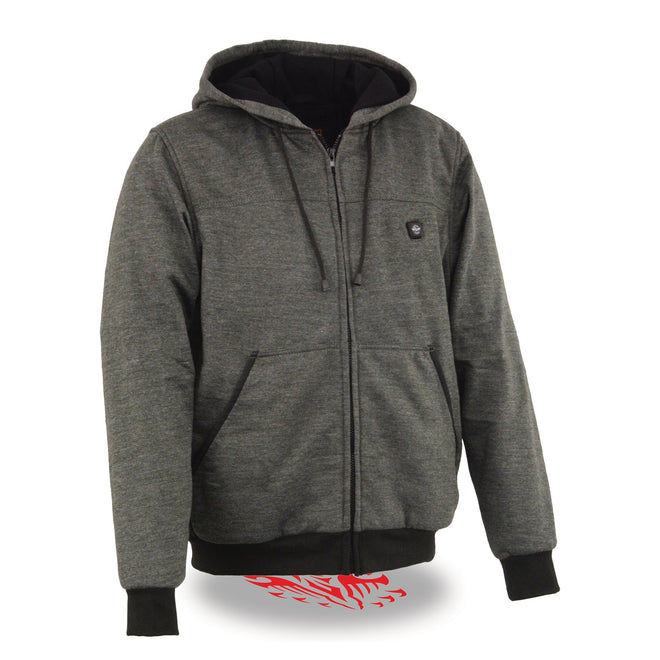 Men's HighwayLeather heated hoodie with zipper front, featuring front and back heating elements for warmth and comfort.