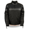 Men's textile scooter jacket by HighwayLeather featuring leather trim and snap collar, shown in black with stylish details.