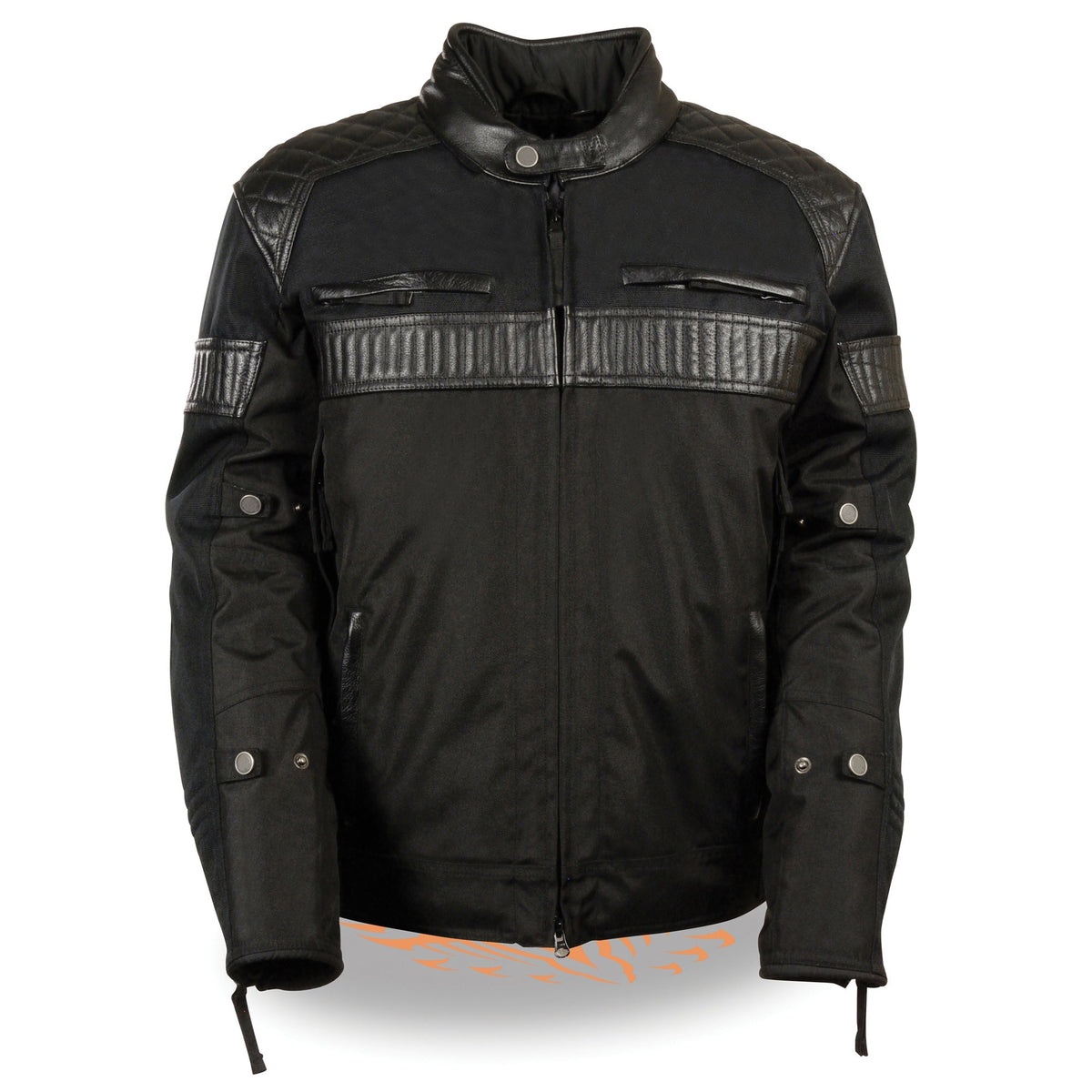 Men's textile scooter jacket by HighwayLeather featuring leather trim and snap collar, shown in black with stylish details.