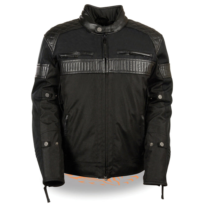 Men's textile scooter jacket by HighwayLeather featuring leather trim and snap collar, shown in black with stylish details.