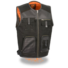 Men's Leather & Canvas Zipper Front Super Utility Multi Pocket Vest