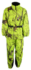 Men's HighwayLeather Mossy Oak® camo rain suit with waterproof material and reflective piping, designed for visibility and protection in wet weather.