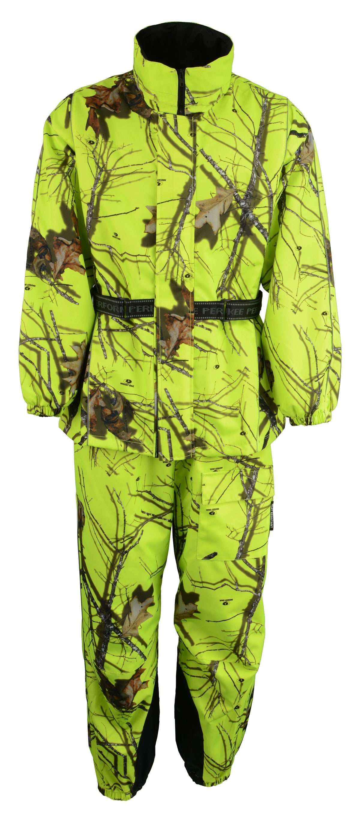Men's HighwayLeather Mossy Oak® camo rain suit with waterproof material and reflective piping, designed for visibility and protection in wet weather.