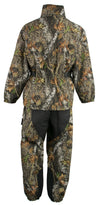 Men's Mossy Oak camouflage waterproof rain suit with reflective piping, HighwayLeather rain gear for outdoor protection.