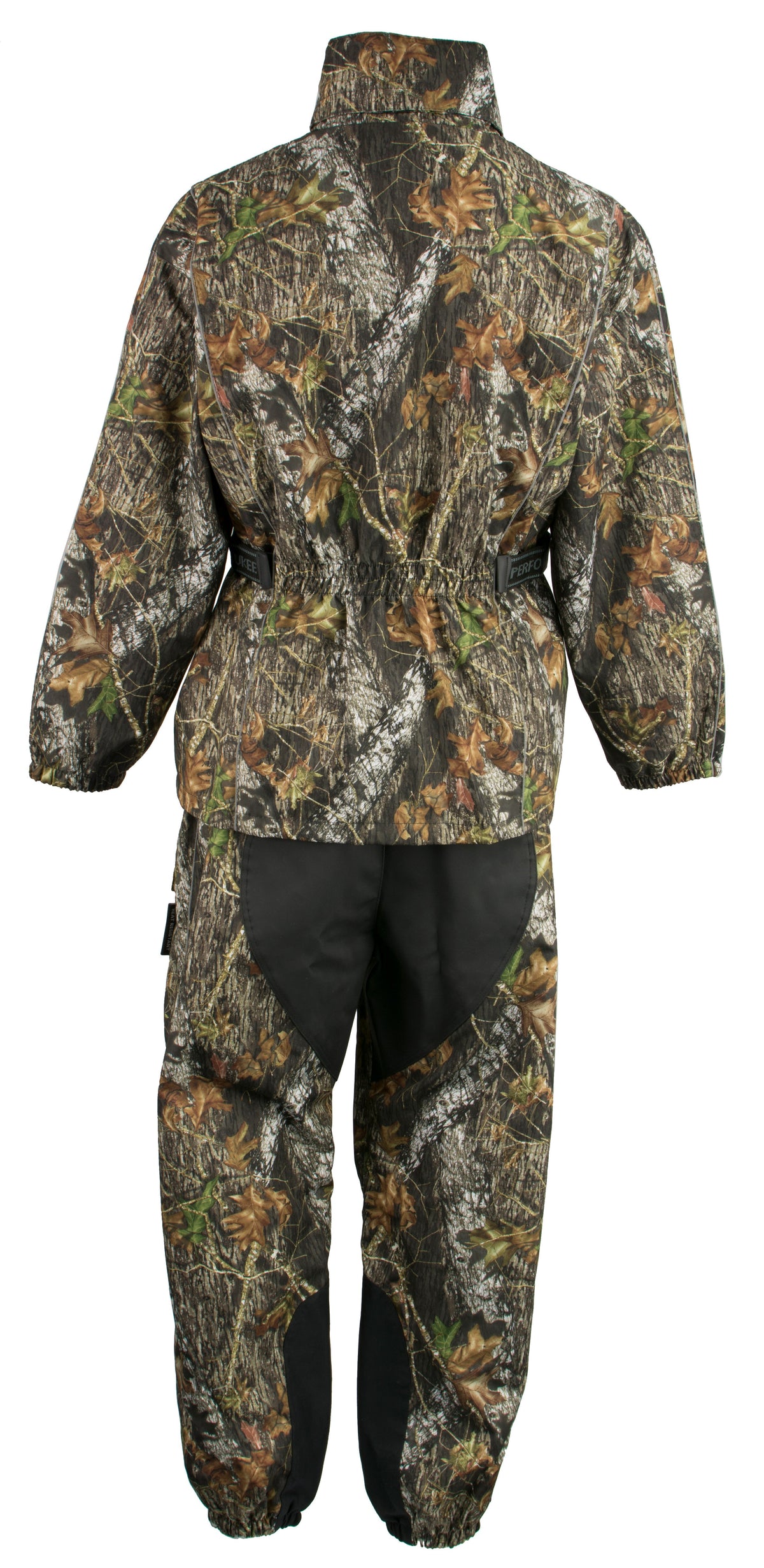 Men's Mossy Oak camouflage waterproof rain suit with reflective piping, HighwayLeather rain gear for outdoor protection.