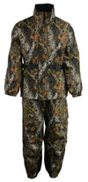 Men's Mossy Oak camouflage rain suit by HighwayLeather, waterproof with reflective piping, ideal for outdoor weather protection.