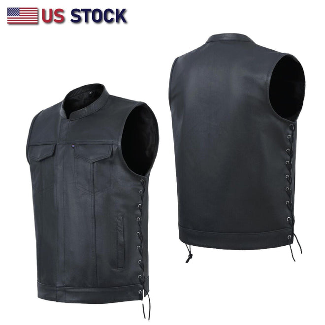SOA Men's Leather Vest Anarchy Motorcycle Club Utility-Pocket Side Lace | HL11685SPT