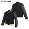 Buffalo Leather Gear men's yellow leather varsity baseball jacket with banded collar and classic letterman style.
