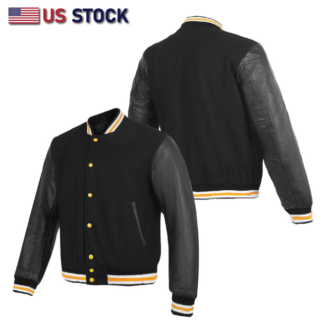 Buffalo Leather Gear men's yellow leather varsity baseball jacket with banded collar and classic letterman style.