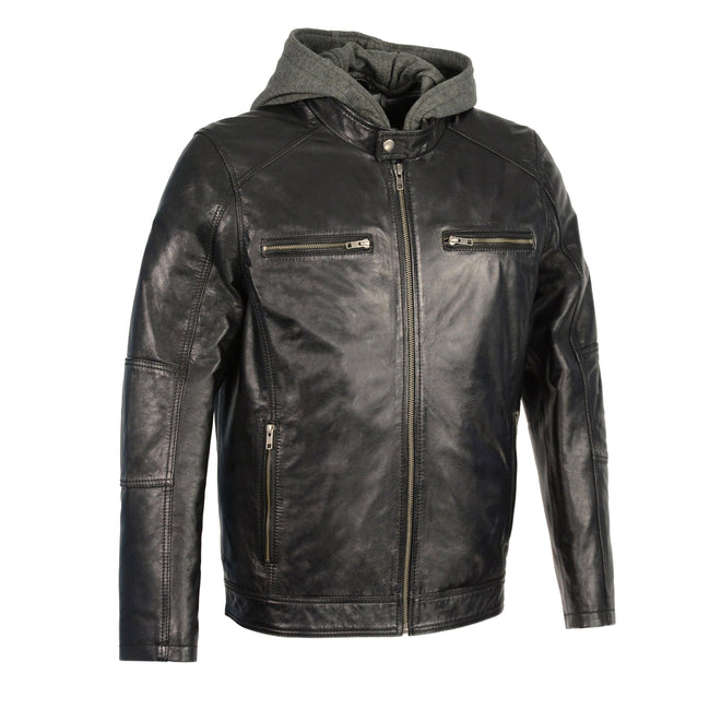 Men's black leather moto jacket with snap collar and removable hood by HighwayLeather, featuring a sleek, stylish design.