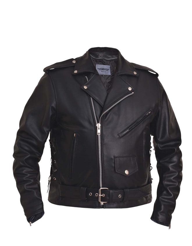 Men's black premium motorcycle jacket with side laces by Dynamicleather, featuring a classic design and sturdy leather material.