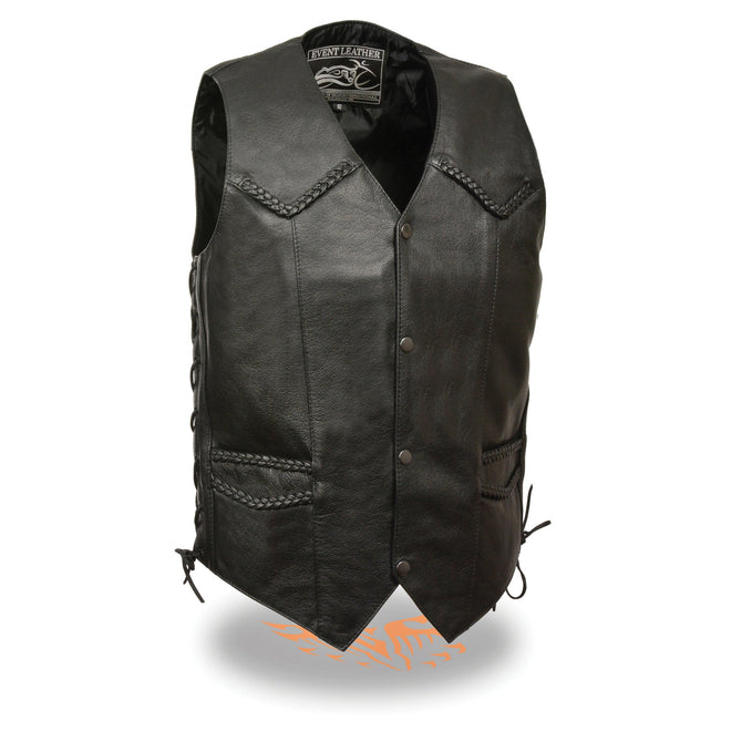 Men's classic side lace biker vest with braided details, made by HighwayLeather, showcasing a rugged leather design.
