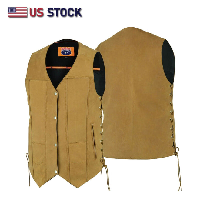 Buffalo Leather Gear men's motorcycle leather vest in Sahara brown with side laces and distressed finish, stylish biker vest for men.