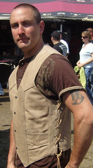 Distressed brown leather motorcycle vest with side lace details for men, by Buffalo Leather Gear.