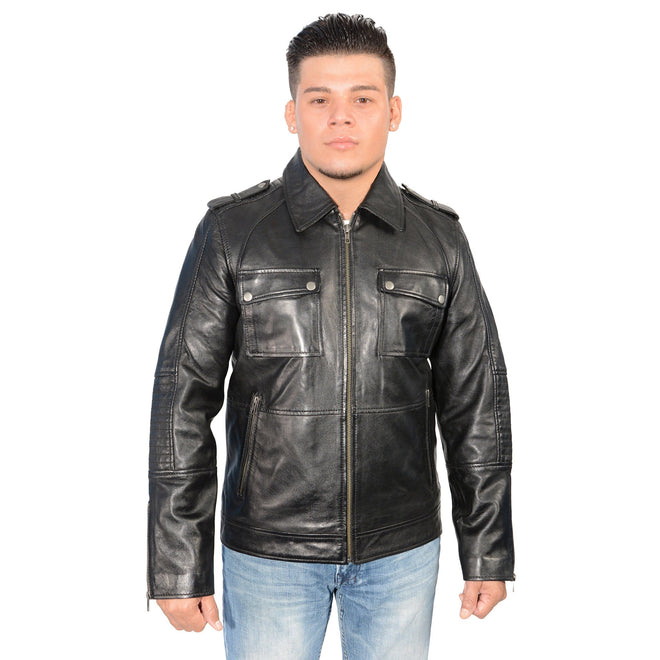 Men's 32-inch patch pocket jacket with shirt collar and padded elbows by HighwayLeather, casual men's outerwear.