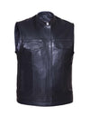 Men's premium leather collared club vest by Dynamicleather, featuring a classic style and structured collar in a close-up view.
