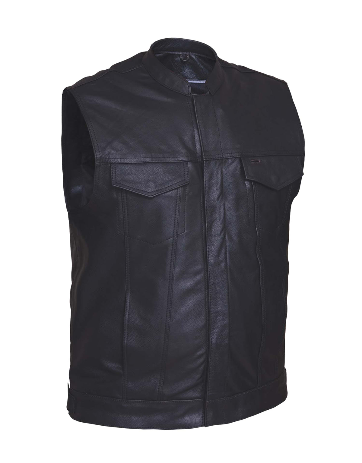 Men's premium collarled leather club vest by Dynamicleather, featuring a stylish collar, tailored fit, and high-quality leather.