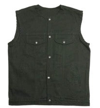 Men's collarless black denim motorcycle vest from Dynamicleather, featuring a stylish, sleeveless design with metal button details.