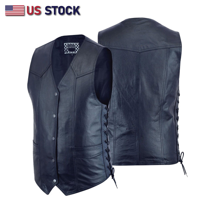 Dark blue men's leather vest with side laces, from Buffalo Leather Gear, featuring a knight design and club-style gun accents.