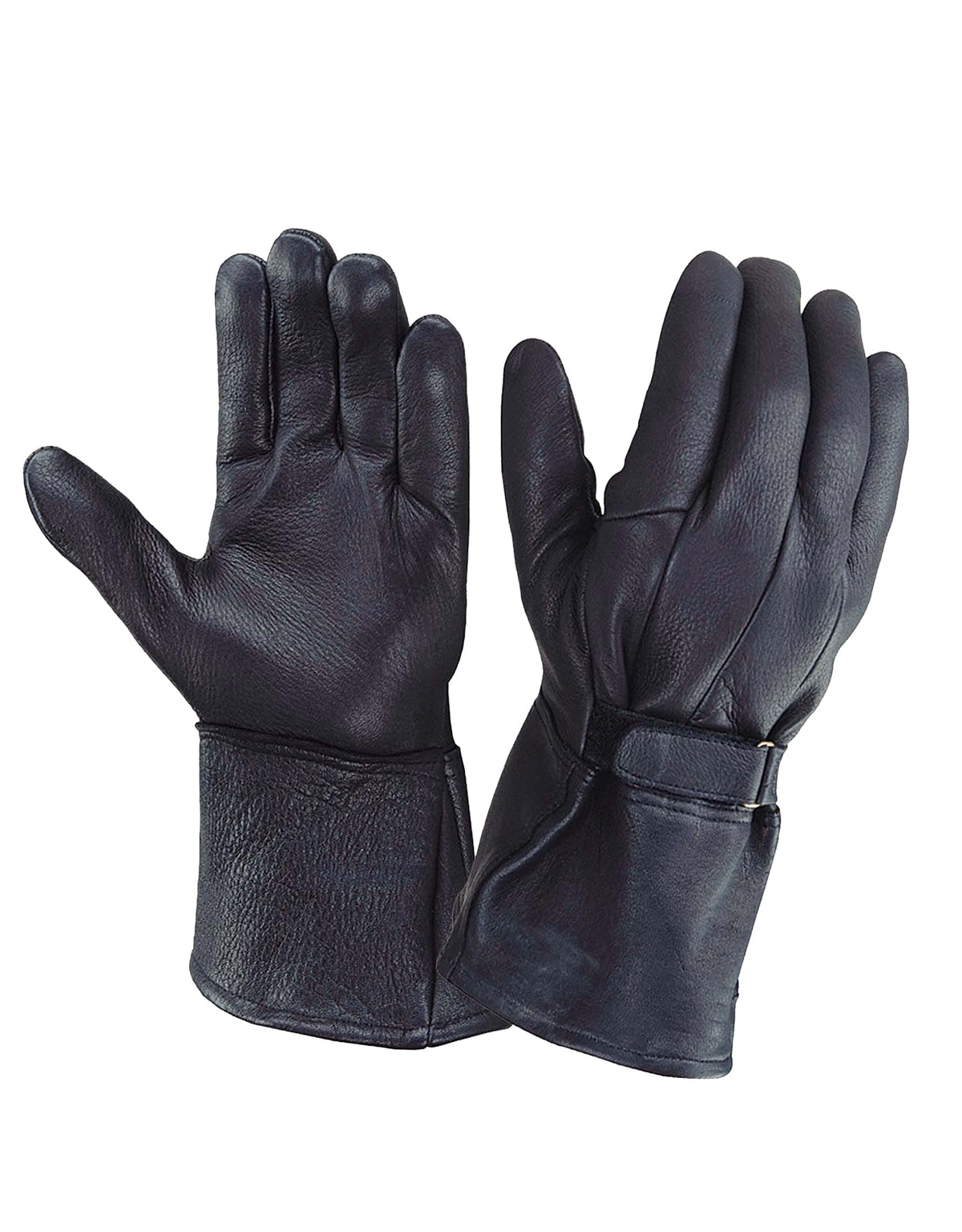 Men's deerskin leather gauntlet gloves by Dynamicleather showing durable, soft leather gloves with extended wrist coverage.