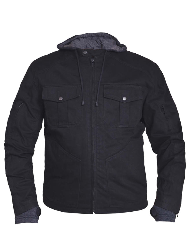 Men's denim motorcycle vest with removable hoodie by Dynamicleather, featuring rugged denim fabric and adjustable hoodie.