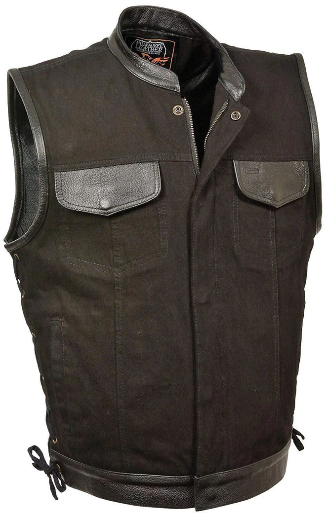Men's denim vest with leather trim and hidden zipper, HighwayLeather men's vest showcasing side lace detail and stylish design.