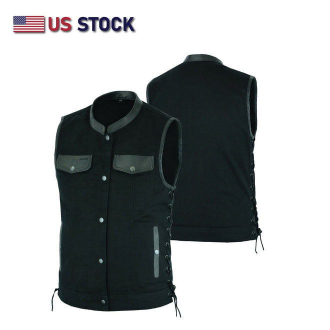 Black men's motorcycle denim vest with side laces, Outlaw SOA Club style by Buffalo Leather Gear, featuring classic biker design.