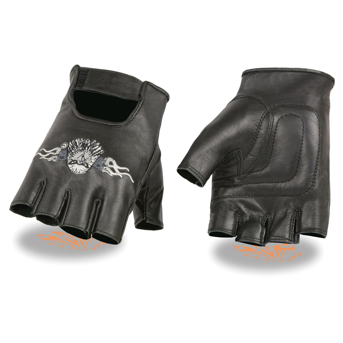 Men's leather fingerless gloves with eagle head embroidery by Dynamicleather, showcasing stylish craftsmanship and detailed design.