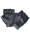 Men's fingerless motorcycle gloves by Dynamicleather, showcasing black leather gloves with reinforced knuckles and breathable design.