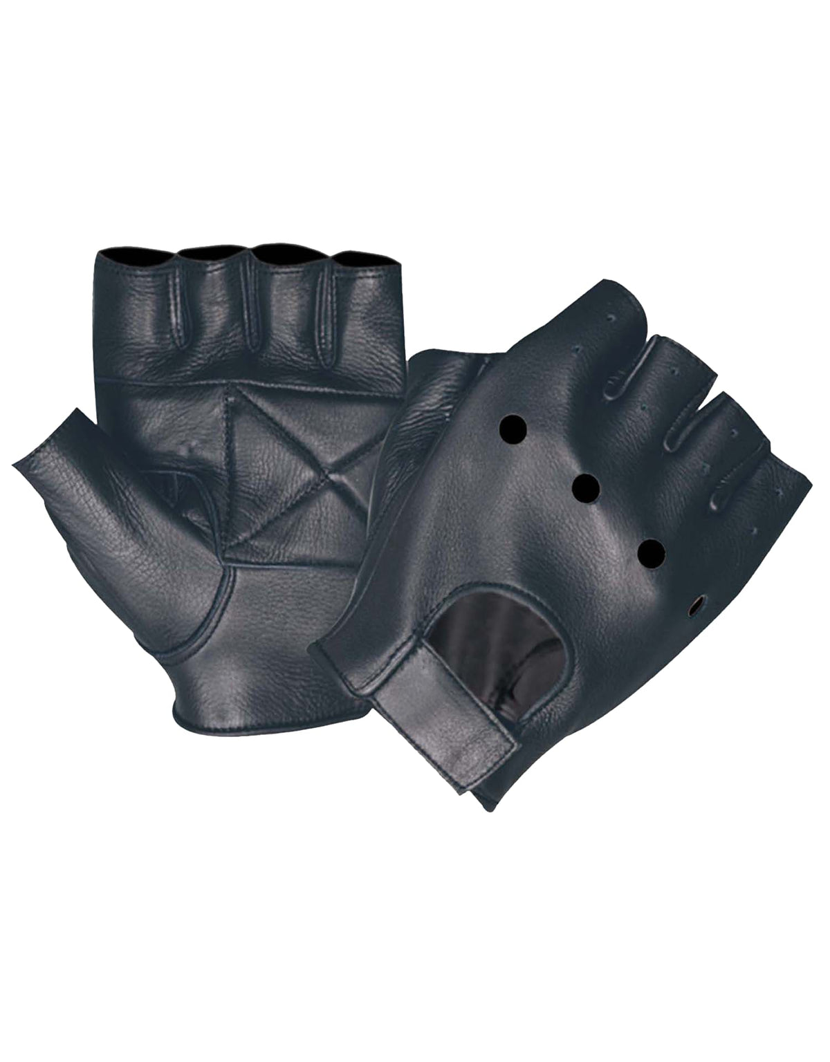 Men's fingerless motorcycle gloves by Dynamicleather, showcasing black leather gloves with reinforced knuckles and breathable design.