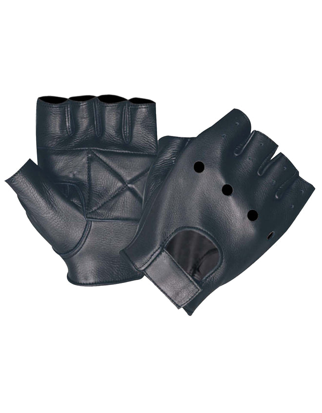 Men's fingerless motorcycle gloves by Dynamicleather, showcasing black leather gloves with reinforced knuckles and breathable design.