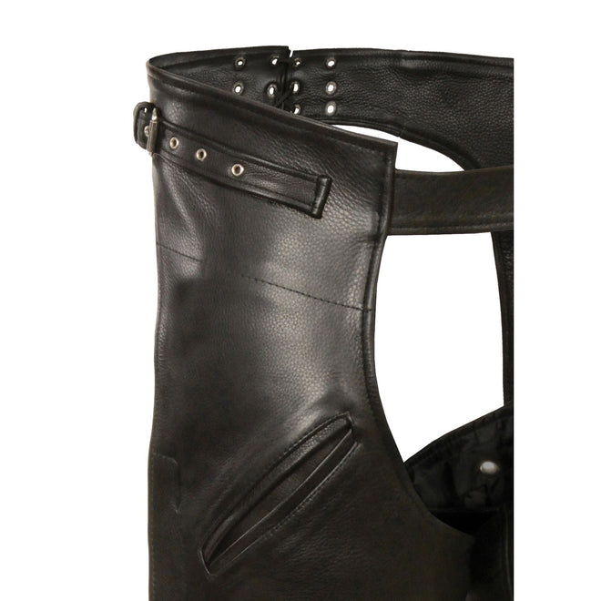 Men's HighwayLeather gun holster chaps with thigh pockets, durable outdoor chaps designed for firearm carrying and outdoor activities.
