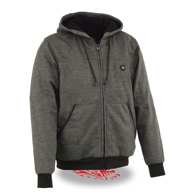 Men's heated hoodie by Dynamicleather featuring a zipper front and heating elements on the front and back for warmth.