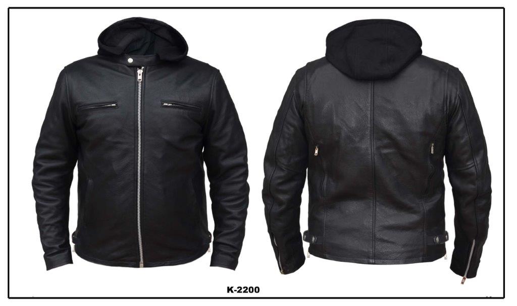 Men's premium leather motorcycle jacket with hoodie by Dynamicleather, featuring a stylish design and durable construction.