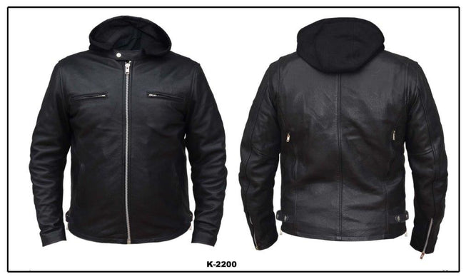 Men's premium leather motorcycle jacket with hoodie by Dynamicleather, featuring a stylish design and durable construction.