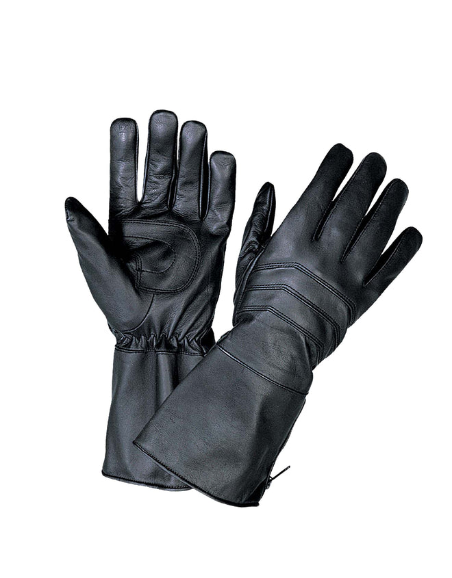 Men's leather gauntlet gloves by Dynamicleather, showing durable black leather with reinforced stitching and extended cuff design.