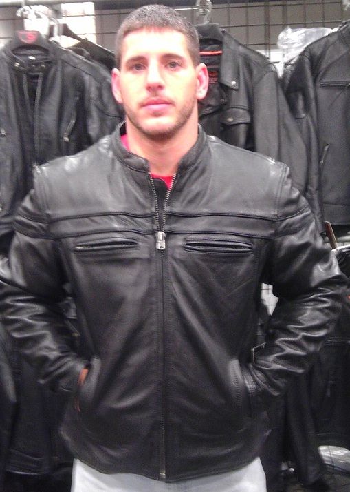 Black men's Tuscan motorcycle leather jacket from Buffalo Leather Gear, featuring classic design and sturdy construction.