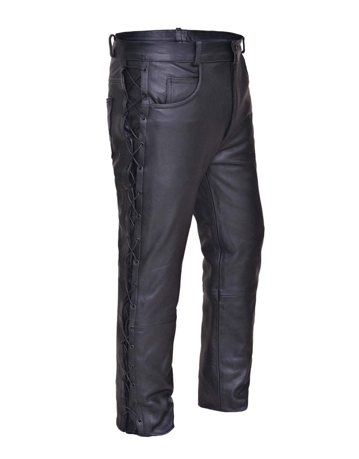Men's premium leather chaps by Dynamicleather, showcasing durable black leather with detailed stitching and fit on a model.